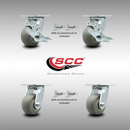 Service Caster 4 Inch SS Thermoplastic Caster Set with Roller Bearing 4 Swivel Lock 2 Brake SCC SCC-SS30S420-TPRRD-TLB-BSL-2-BSL-2